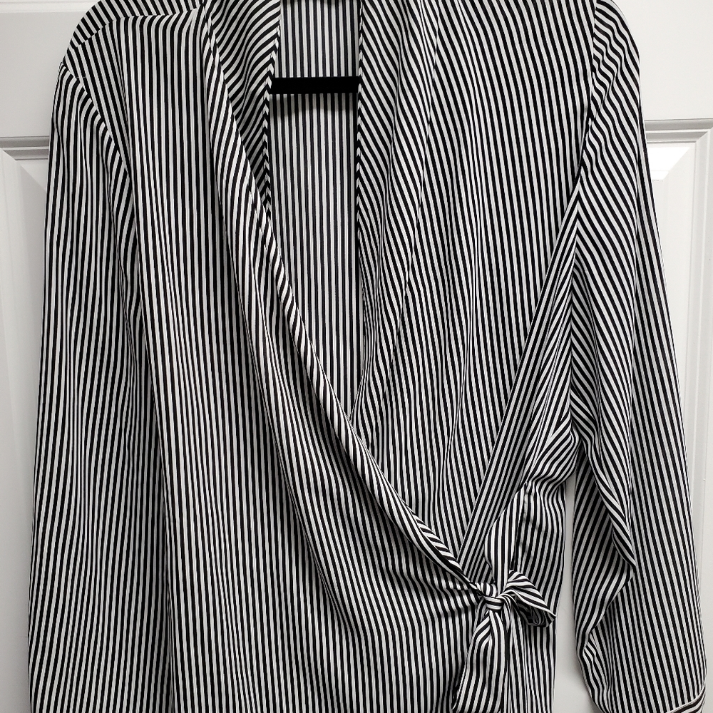 Black and white wrap blouse
